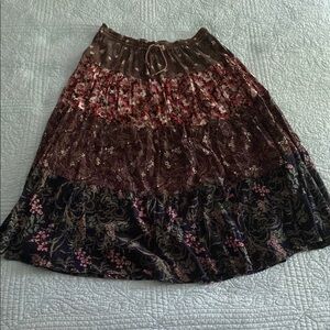 Vintage Brown and Blue A-Line Midi Skirt with Pleated Tie Front - Cotton